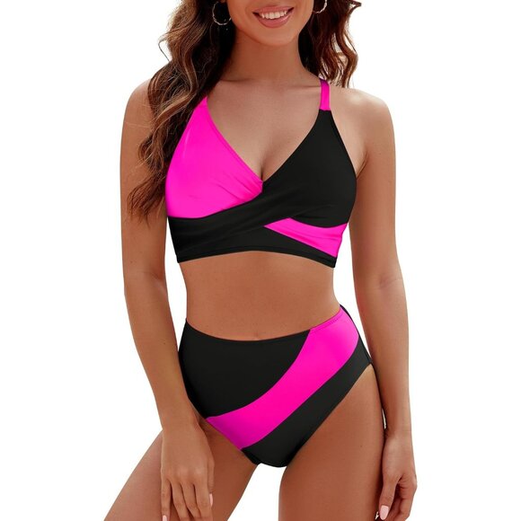 Women High Waisted Bikini Sets Black Criss Cross Full Coverage